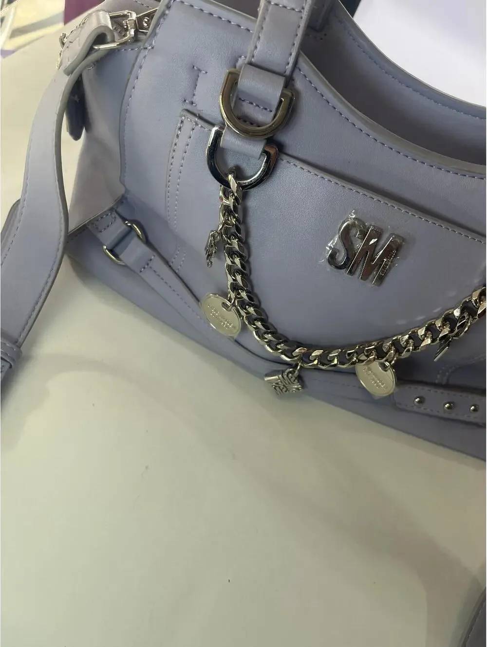 Steve Madden Satchel Crossbody Bag Blue Purse with Silver Chain Charm Details
